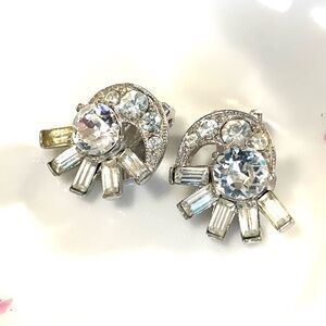 Vintage Bogoff Crystal Fan Clip-On Earrings - Clear Rhinestone Accents